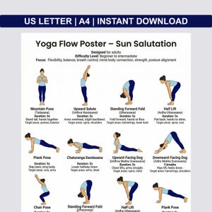 Yoga Flow Poster Sun Salutation | Chart 16 Yoga Poses  | Printable Beginner Yoga  | US A4 Letter PDF | Wall Art Home Gym Digital Download