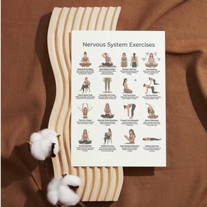 Puede incluir: Un p&oacute;ster blanco titulado "Ejercicios del sistema nervioso" muestra ilustraciones de posturas de yoga. El p&oacute;ster est&aacute; apoyado contra una pieza decorativa de madera clara, con tallos de algod&oacute;n en primer plano. El fondo es una tela marr&oacute;n.