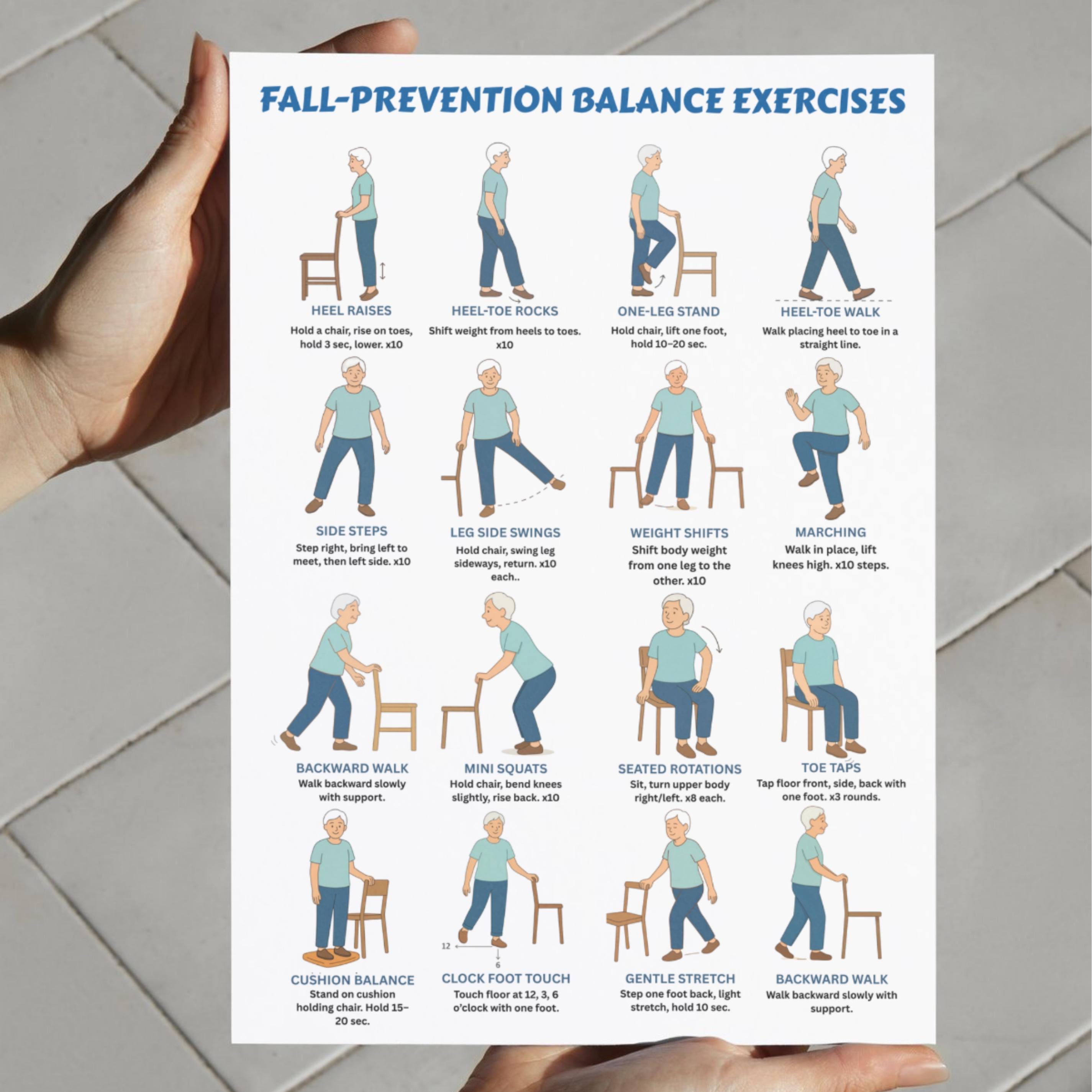 Fall Prevention Balance Exercises for Seniors Printable PDF | Elderly ...