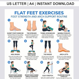 May include: A digital instructional chart titled FLAT FEET EXERCISES, FOOT STRENGTH AND ARCH SUPPORT ROUTINE. It features twelve numbered illustrations demonstrating physical therapy movements for feet, including toe spreads, heel raises, and stretches.