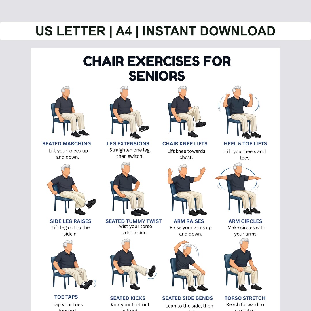 Printable Chair Exercises for Seniors Posters, Chair Exercise Chart for