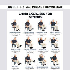 May include: A white background with text and illustrations of chair exercises for seniors. The exercises include seated marching, leg extensions, chair knee lifts, heel and toe lifts, side leg raises, seated tummy twist, arm raises, arm circles, toe taps, seated kicks, seated side bends, and torso stretch.