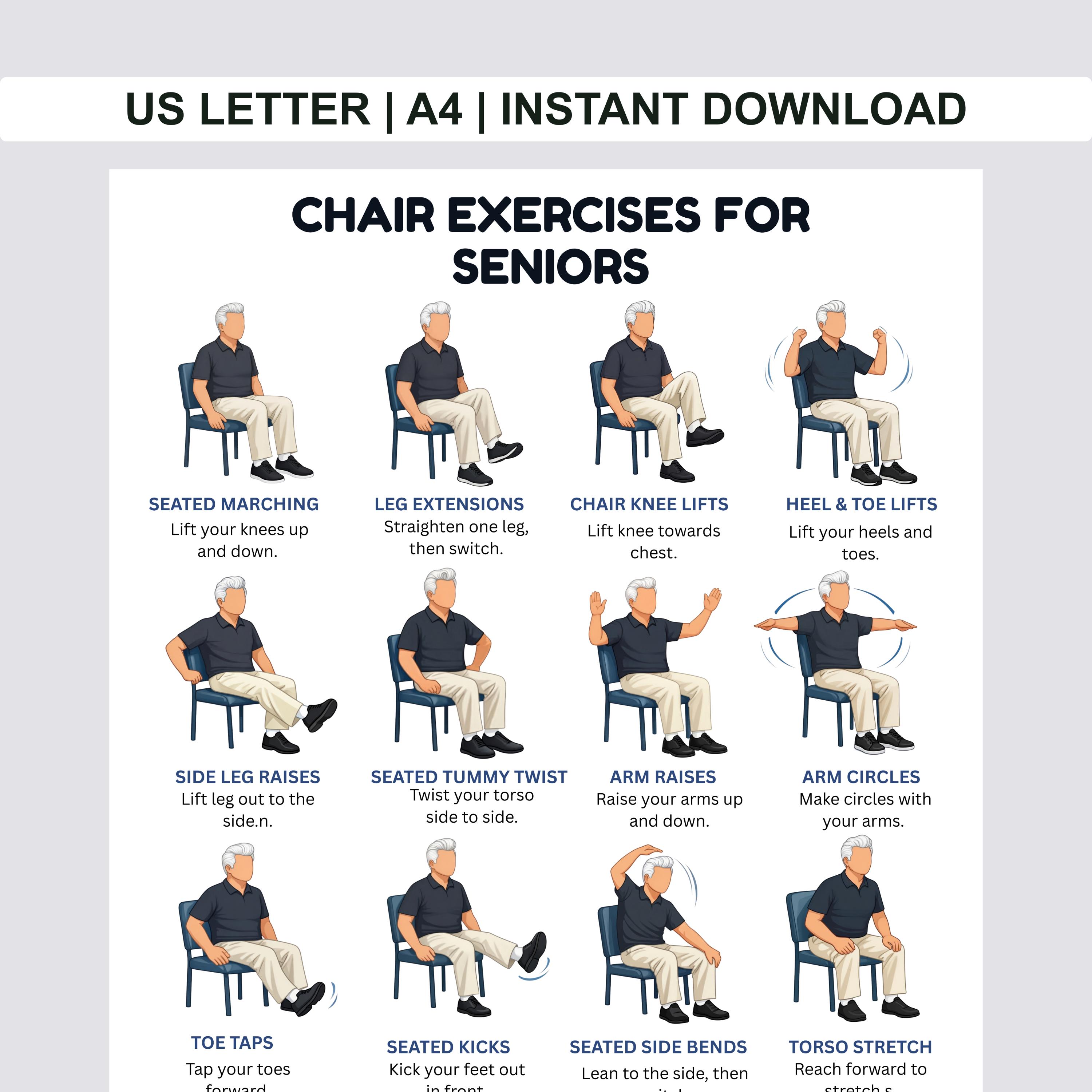 Printable Chair Exercises for Seniors Posters, Chair Exercise Chart for ...