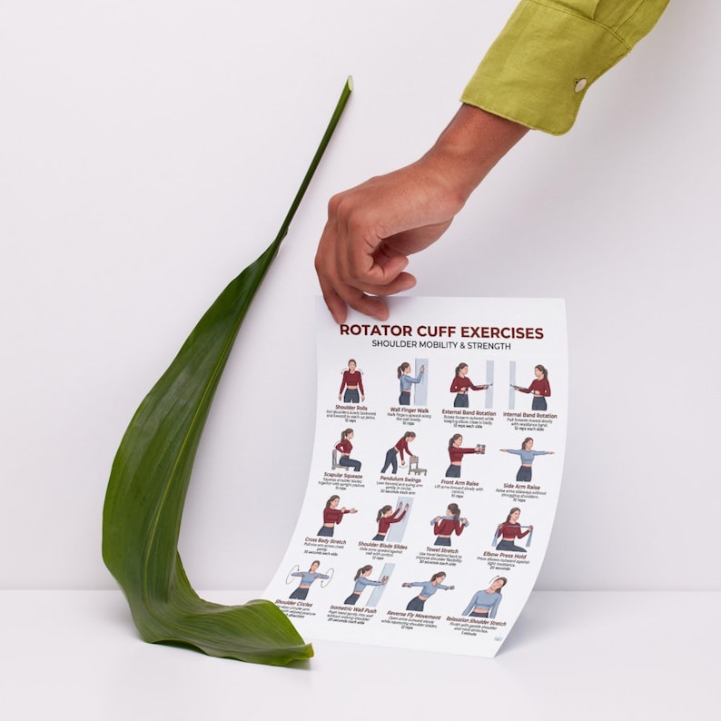 May include: A poster titled "Rotator Cuff Exercises Shoulder Mobility & Strength" with exercise illustrations. A long green leaf is in the foreground. A person's arm and hand are holding the poster against a white background.