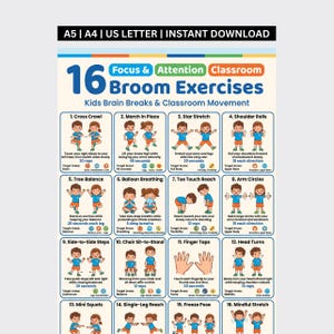 Könnte beinhalten: Ein digitales Poster mit dem Titel 16 Broom Exercises Kids Brain Breaks & Classroom Movement, das sechzehn illustrierte Felder mit Anleitungen für körperliche Aktivitäten enthält. Der Text umfasst A5, A4, US Letter und Instant Download oben.