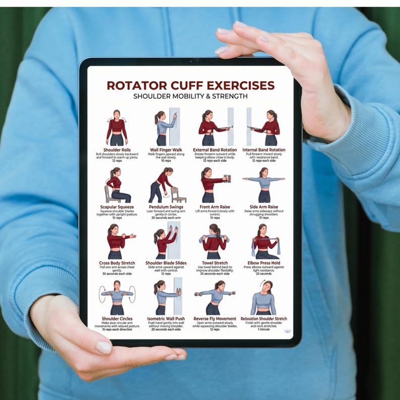 May include: A tablet showing a guide to rotator cuff exercises for shoulder mobility and strength. The guide includes illustrated instructions for exercises like shoulder rolls, wall finger walks, and cross-body stretches. The tablet is held against a light blue background.