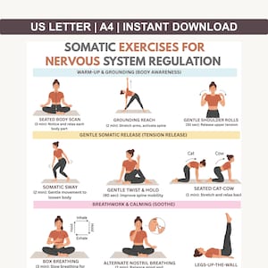 May include: A printable guide with illustrations of somatic exercises for nervous system regulation. The guide includes exercises like Seated Body Scan, Grounding Reach, Gentle Shoulder Rolls, Somatic Sway, Gentle Twist & Hold, and more. Text includes "US Letter | A4 | Instant Download".