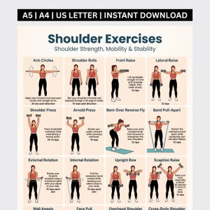 May include: A digital instructional poster titled Shoulder Exercises, Shoulder Strength, Mobility & Stability. It features twelve illustrated figures demonstrating movements like arm circles, presses, and raises with text instructions for each.
