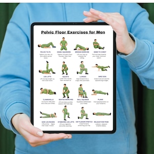 May include: A tablet displays a guide titled "Pelvic Floor Exercises for Men." The guide features illustrated exercises, including pelvic tilts, squats, and lunges. The tablet is held by a person wearing a blue hoodie.