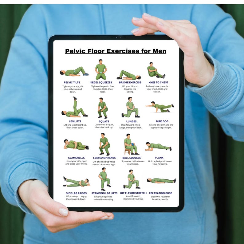 May include: A tablet displays a guide titled "Pelvic Floor Exercises for Men." The guide features illustrated exercises, including pelvic tilts, squats, and lunges. The tablet is held by a person wearing a blue hoodie.