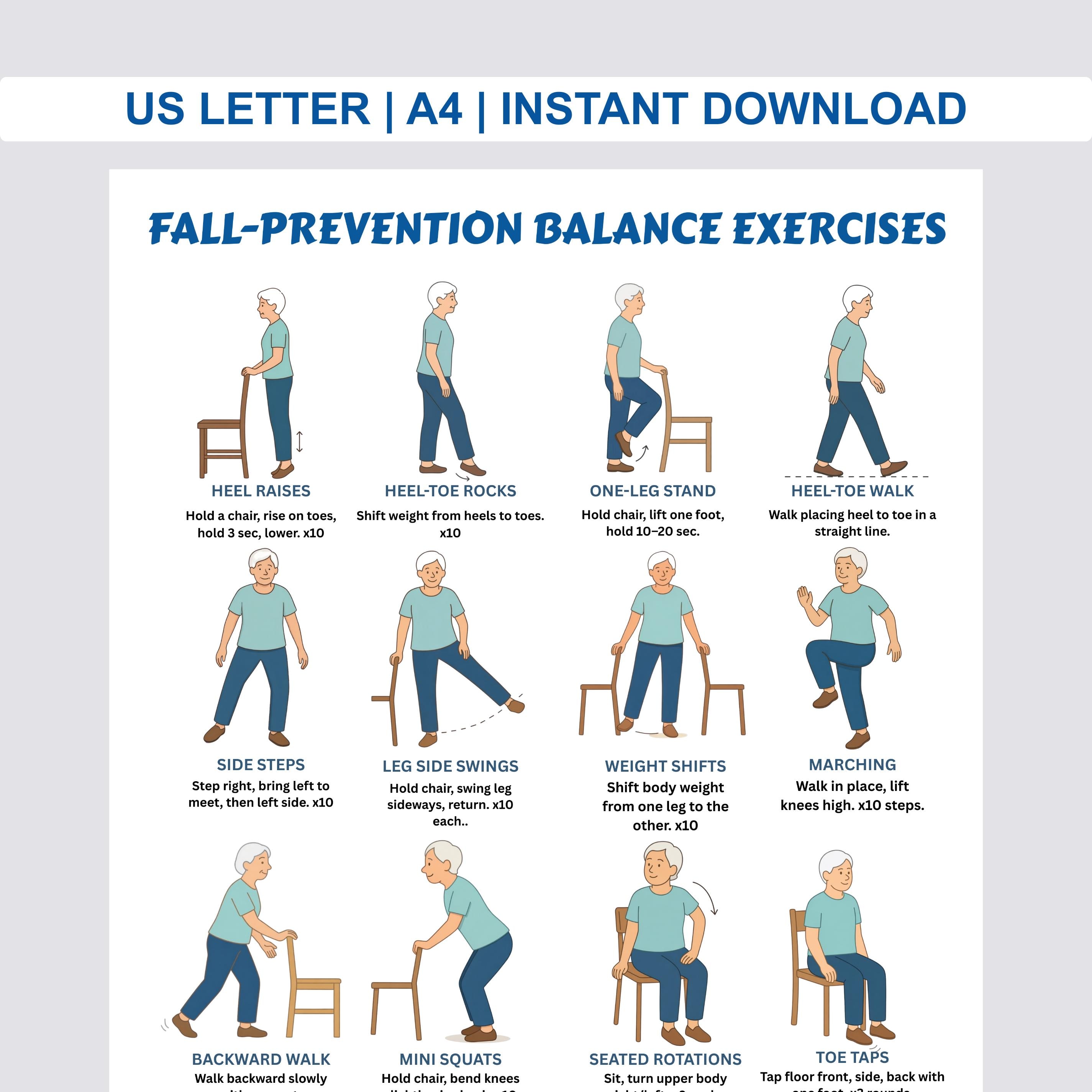 Fall Back Exercise Fall Prevention Balance Exercises for Seniors Printable PDF | Elderly ...