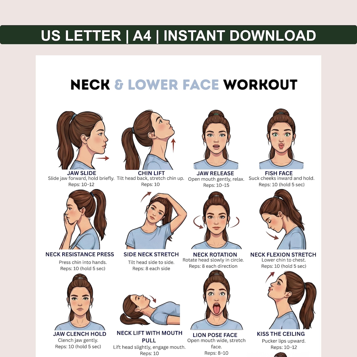 Exercises Neck & Lower Face , Exercises Jawline Chart, Neck Exercises ...