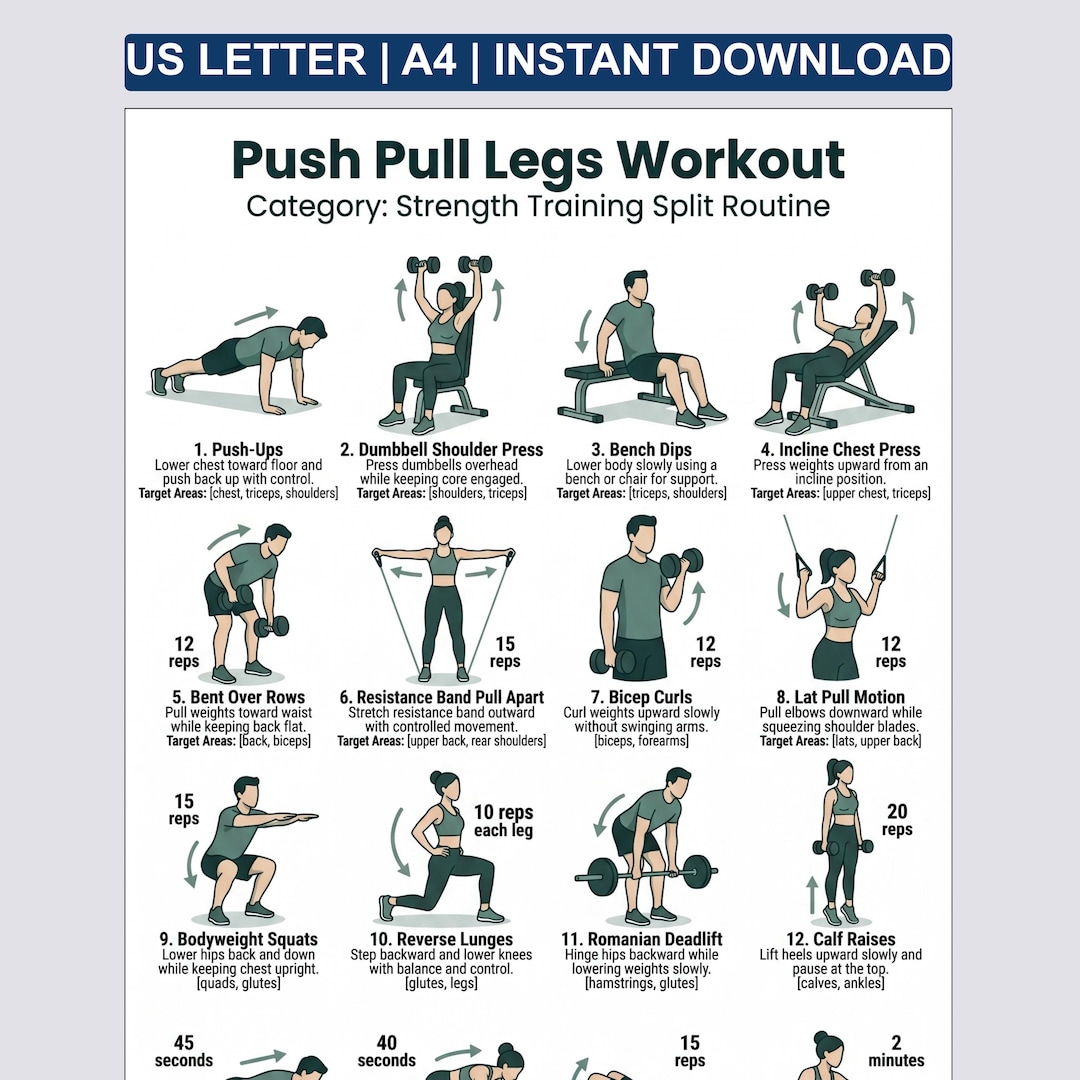 Push Pull Legs Workout Printable, PPL Training Split PDF, Gym Workout ...