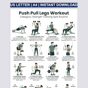 May include: A workout guide titled "Push Pull Legs Workout" with illustrations of various exercises. The guide includes exercises like push-ups, dumbbell shoulder press, bench dips, and incline chest press. The exercises target different muscle groups.