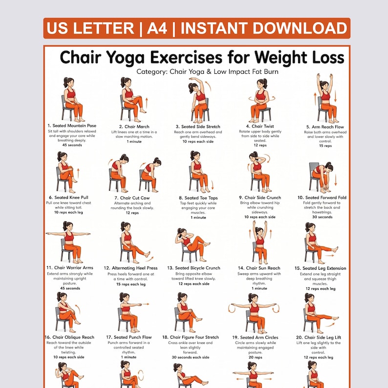 Peut inclure: Une affiche imprimable pr&eacute;sentant des exercices de yoga sur chaise pour la perte de poids. Les exercices sont illustr&eacute;s avec des personnages sch&eacute;matiques et comprennent des poses telles que Seated Mountain Pose et Chair Twist. Con&ccedil;u pour br&ucirc;ler les graisses &agrave; faible impact.