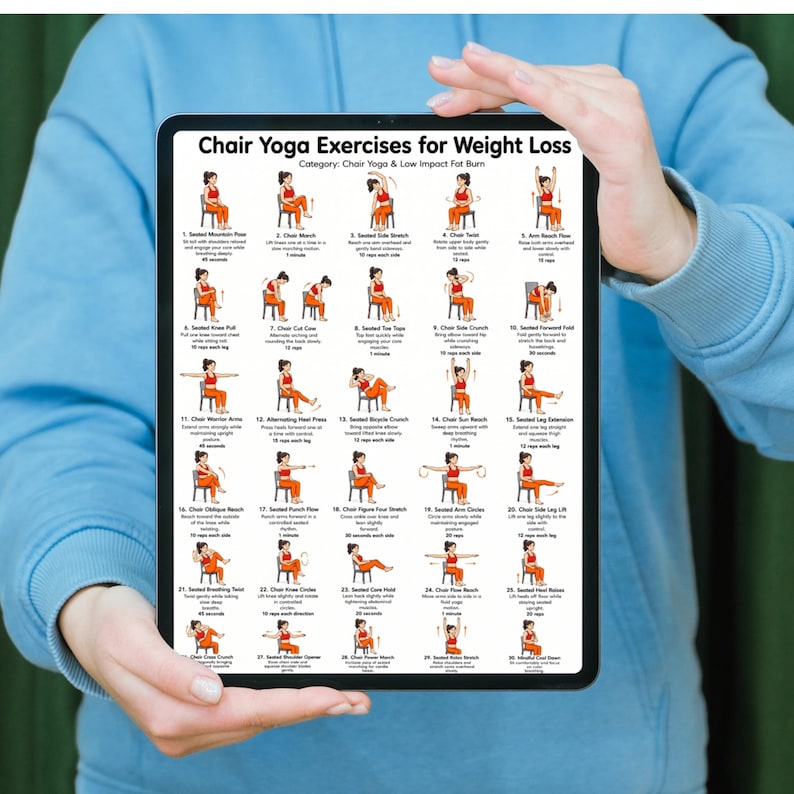Peut inclure: Une tablette num&eacute;rique affichant des exercices de yoga sur chaise pour la perte de poids. Le guide pr&eacute;sente des illustrations de diff&eacute;rentes poses, avec du texte indiquant le nom de l'exercice, les r&eacute;p&eacute;titions et la dur&eacute;e. La tablette est tenue par une personne portant un sweat &agrave; capuche bleu clair.