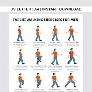 May include: A printable guide with illustrations of Tai Chi walking exercises. The guide includes instructions for Forward Walk, Backward Walk, Side Step Walk, Cloud Hands Walk, Heel-Toe Walk, Golden Rooster Step, Wave Hands Walk, Brush Knee Walk, Slow March Walk, Diagonal Walk, Pivot Turn Walk, and Low Stance Walk.