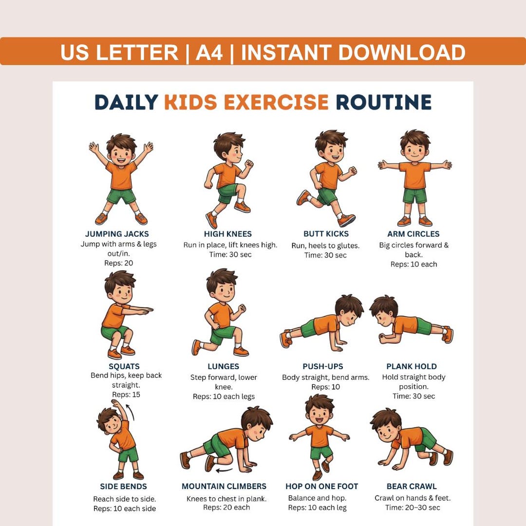 Kids Exercise Chart Printable – 16 Daily Workout Moves Poster | Kids ...