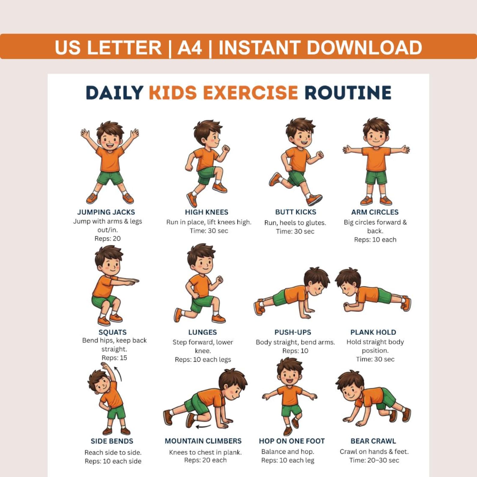 Daily Kids Exercise Routine Kids Exercise Chart Printable – 16 Daily Workout Moves Poster | Kids ...