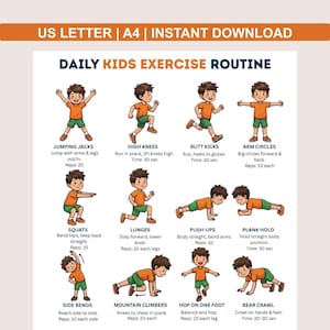 Kids Exercise Chart Printable – 16 Daily Workout Moves Poster | Kids Fitness Routine PDF US A4 Letter | Classroom, Homeschool & PE Decor