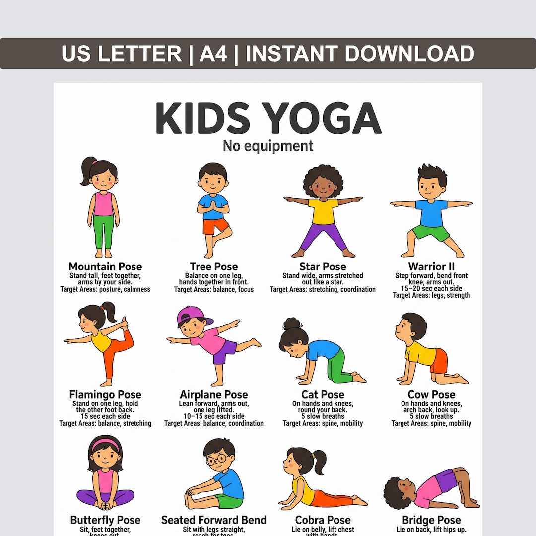 Kids Yoga Poster, Yoga Poses for Children Printable , 16 Easy Exercises ...