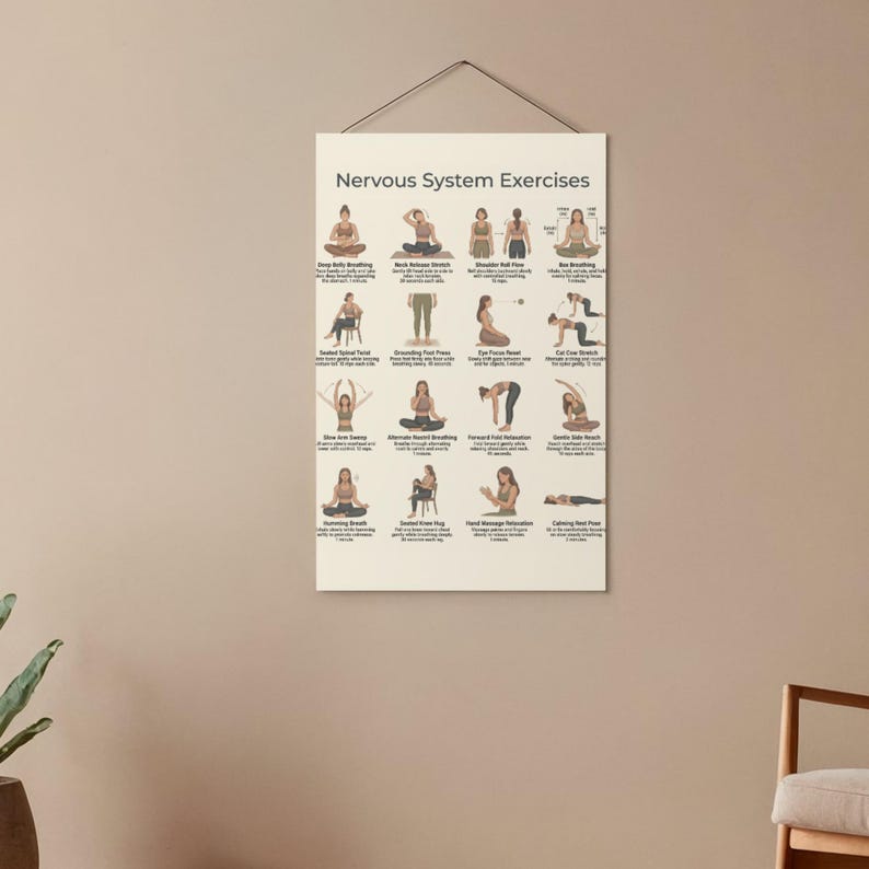 Puede incluir: Un p&oacute;ster beige titulado "Ejercicios del sistema nervioso" con ilustraciones de posturas de yoga. El p&oacute;ster est&aacute; suspendido por una cuerda negra contra una pared neutra. Los ejercicios incluyen respiraci&oacute;n abdominal profunda y estiramiento de cuello.