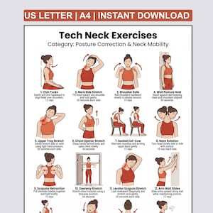 Pode incluir: Infográfico imprimível A4 com "Exercícios para o Pescoço Tecnológico" para correção postural e mobilidade do pescoço. 12 exercícios ilustrados com instruções e repetições.