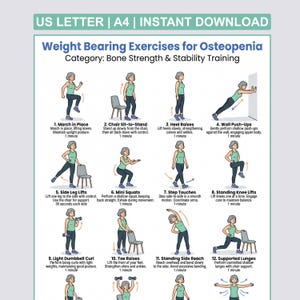 May include: A printable exercise guide for weight-bearing exercises for osteopenia. The guide includes illustrations and instructions for 12 exercises, such as marching in place, chair sit-to-stand, and mini squats. The text at the top says "US LETTER | A4 | INSTANT DOWNLOAD".
