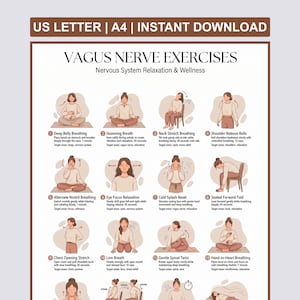 Può includere: Un poster intitolato "Esercizi del nervo vago" con illustrazioni di varie tecniche di rilassamento. Include istruzioni per la respirazione addominale profonda, il ronzio, gli allungamenti del collo e altri esercizi per il rilassamento e il benessere del sistema nervoso.