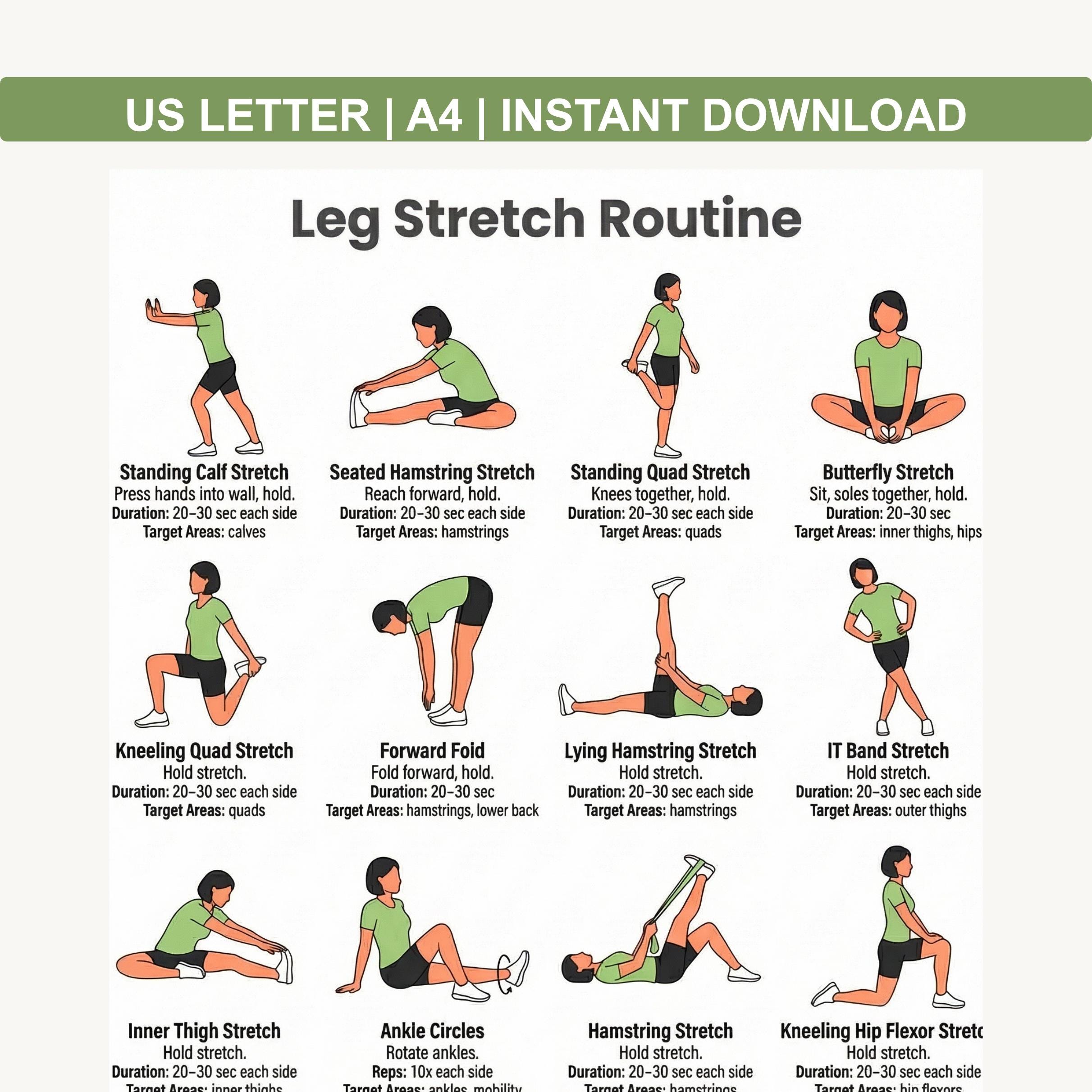 Legs Stretching Routine Leg Stretch Routine Printable Poster, Exercises Lower Body Stretching ...