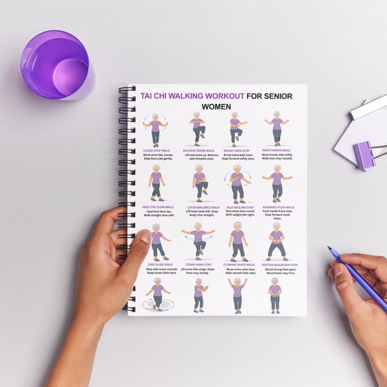 May include: A spiral-bound notebook with the title "TAI CHI WALKING WORKOUT FOR SENIOR WOMEN" displayed in purple text. The notebook features illustrated diagrams of Tai Chi walking exercises. A purple pen and a purple cup are visible.