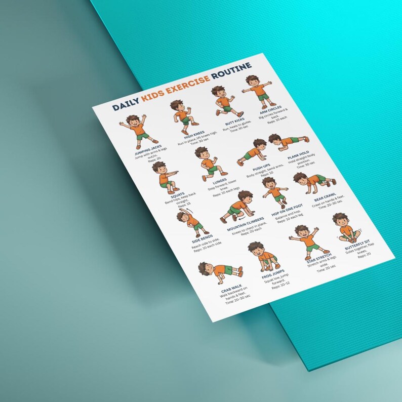 Kids Exercise Chart Printable – 16 Daily Workout Moves Poster | Kids ...