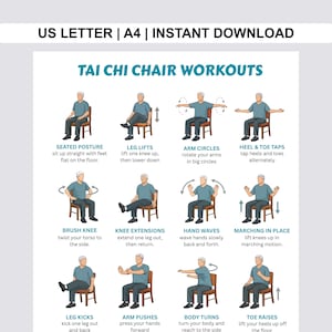 Pôster imprimível em PDF de Tai Chi na Cadeira para Idosos, Exercícios de Tai Chi Sentado, Tabela de Equilíbrio e Treino Suave para Fazer em Casa