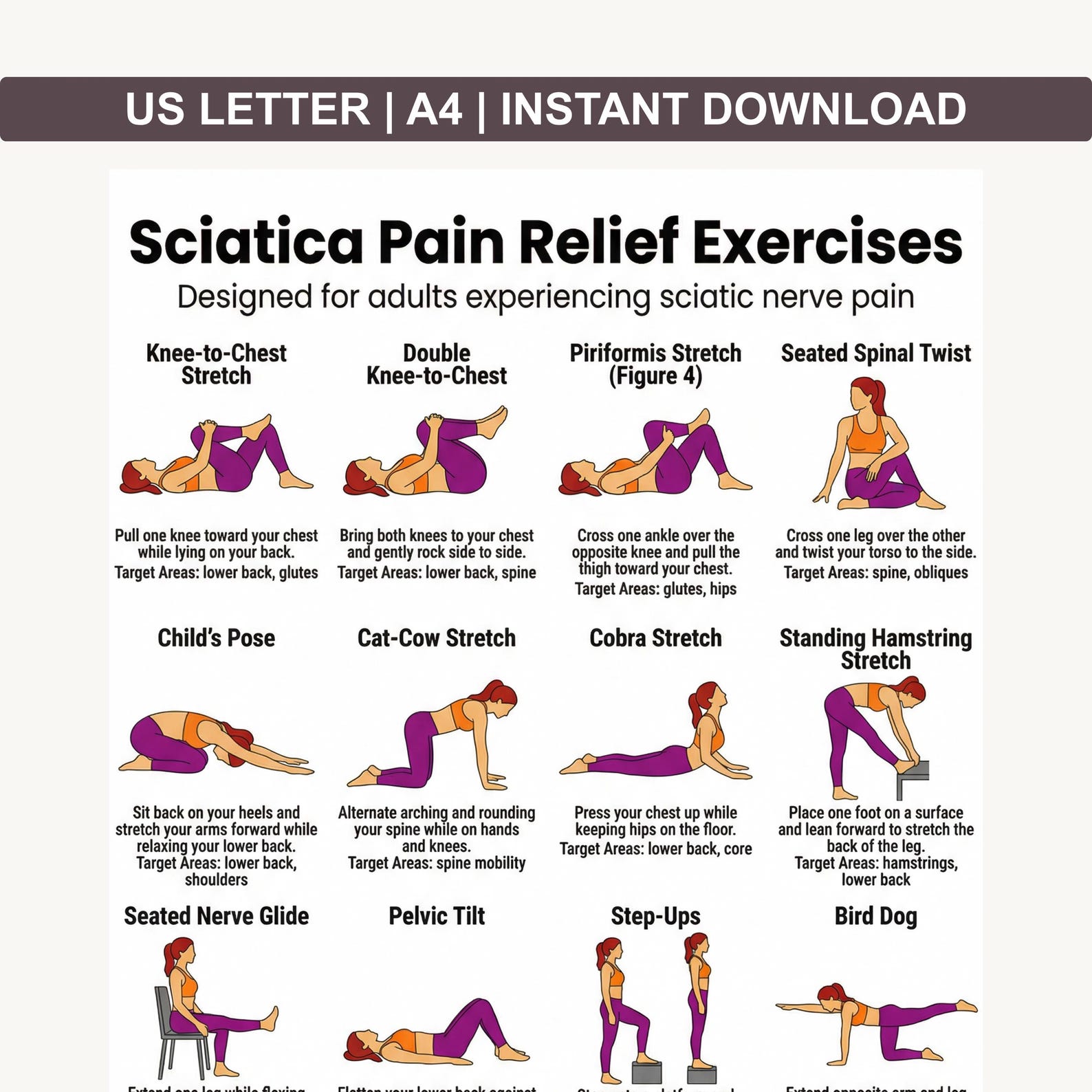 Sciatica Pain Relief Exercises Poster, Routine Lower Back & Sciatic ...