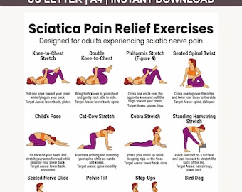 Sciatica Pain Relief Exercises Poster,  Routine Lower Back & Sciatic Nerve Stretch, Printable Low Impact Workout Printable PDF