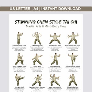 May include: A printable guide for Chen Style Tai Chi, featuring illustrated poses with instructions. The poster includes the title "Stunning Chen Style Tai Chi" and details on various forms, such as Commencement Form and Horse Stance Hold. The top banner reads "US LETTER | A4 | INSTANT DOWNLOAD".