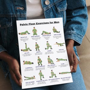 May include: A white poster titled "Pelvic Floor Exercises for Men" held by a person. The poster features illustrations and instructions for various exercises, including pelvic tilts, kegel squeezes, and leg lifts. The exercises are demonstrated by figures in green outfits.