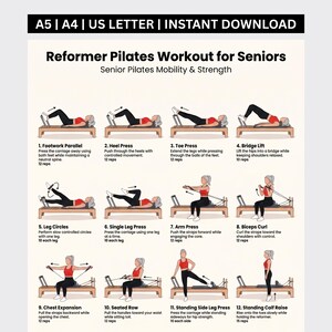 Pilates Reformer per anziani (PDF stampabile) / Tabella di allenamento a basso impatto per tutto il corpo / Routine di esercizi delicati per anziani, download immediato