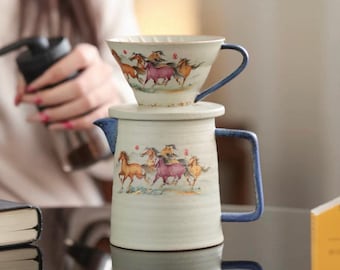 Blue White Porcelain Coffee Dripper Set, Artisanal Flint Glaze Pour Over Coffee Maker