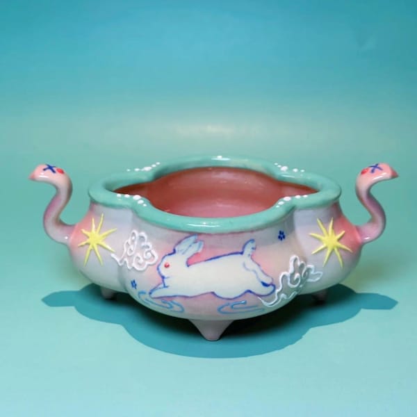 Quemador de incienso de conejo de cerámica pintado a mano – Plato aromático de conejo esmaltado