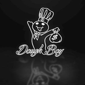 May include: A white outline of a smiling chef character holding a money bag with a dollar sign. The text "Dough Boy" is written in cursive below the character, all against a black background.