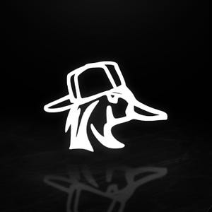 May include: A white line drawing of a duck wearing a hat, set against a black background. The duck's outline is simple, with a hat and beak clearly defined. The image has a clean, modern aesthetic, with a reflection of the duck below.