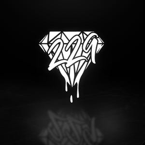 May include: White graphic of the number "229" inside a diamond shape, with dripping paint effect, set against a black background. The diamond has multiple facets, and the numbers are in a stylized font.