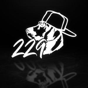 May include: A white graphic of a dog wearing a cap, set against a black background. The number "229" is displayed in white below the dog's head. The image has a reflective quality.