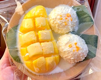 Realistic Mango Sticky Rice Taba Squishy Toy, Soft Stress Relief Toy, Unique Fun Gift for Foodies, De-Stress Toy, Super Soft and Squeezable