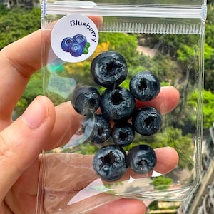 May include: A clear plastic bag with a white sticker that says "Blueberry" and contains eight dark blue blueberry-shaped beads.