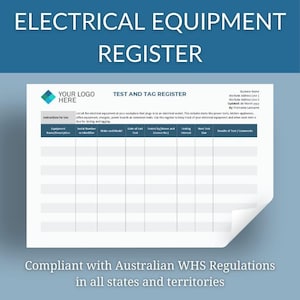 Peut inclure: Registre d'équipement électrique blanc avec en-tête et pied de page bleus. Le registre comprend des champs pour les détails de l'équipement, les dates de test et les commentaires. Le texte comprend "Test and Tag Register".