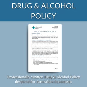 Puede incluir: Un documento blanco titulado "DRUG & ALCOHOL POLICY" con el texto "YOUR LOGO HERE" en la parte superior. El documento está diseñado para empresas australianas y trata sobre políticas de drogas y alcohol.