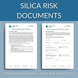 May include: Two documents titled "Silica Risk Assessment" and "Silica Risk Control Plan" are displayed on a light blue background. The documents have a header with the text "Your Logo Here" and contain detailed text about PCBUs and obligations. The bottom of the image has the titles of the documents.