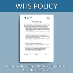 Puede incluir: Documento blanco titulado "WHS POLICY" con el texto "YOUR LOGO HERE" y un logotipo de diamante verde azulado. El documento está diseñado para empresas australianas. El documento está sobre un fondo azul.